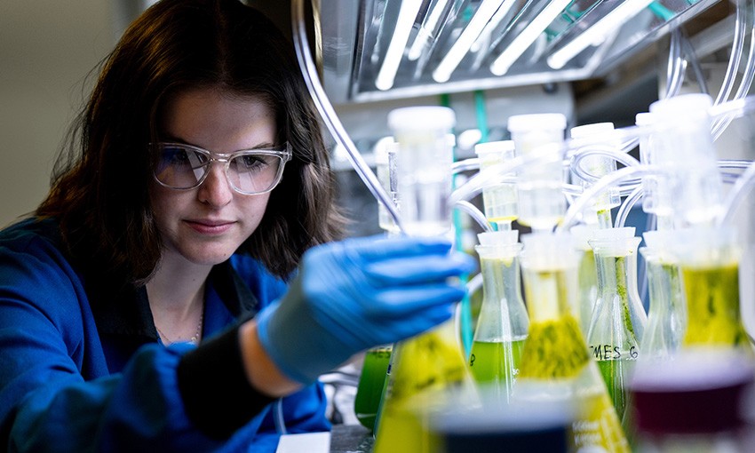 Two students work together in a Chemistry lab.