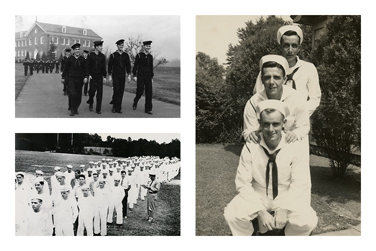 Clockwise, from top left: Navy V-12 students progress from the Commerce and Finance Building (today’s Vasey Hall), 1940s; Navy V-12 students Jack McGowan, Edward Crotty and William Butler pose for a photograph, 1943; and Ensign Maniaci calls roll, 1943. Courtesy of the Villanova University Archives.