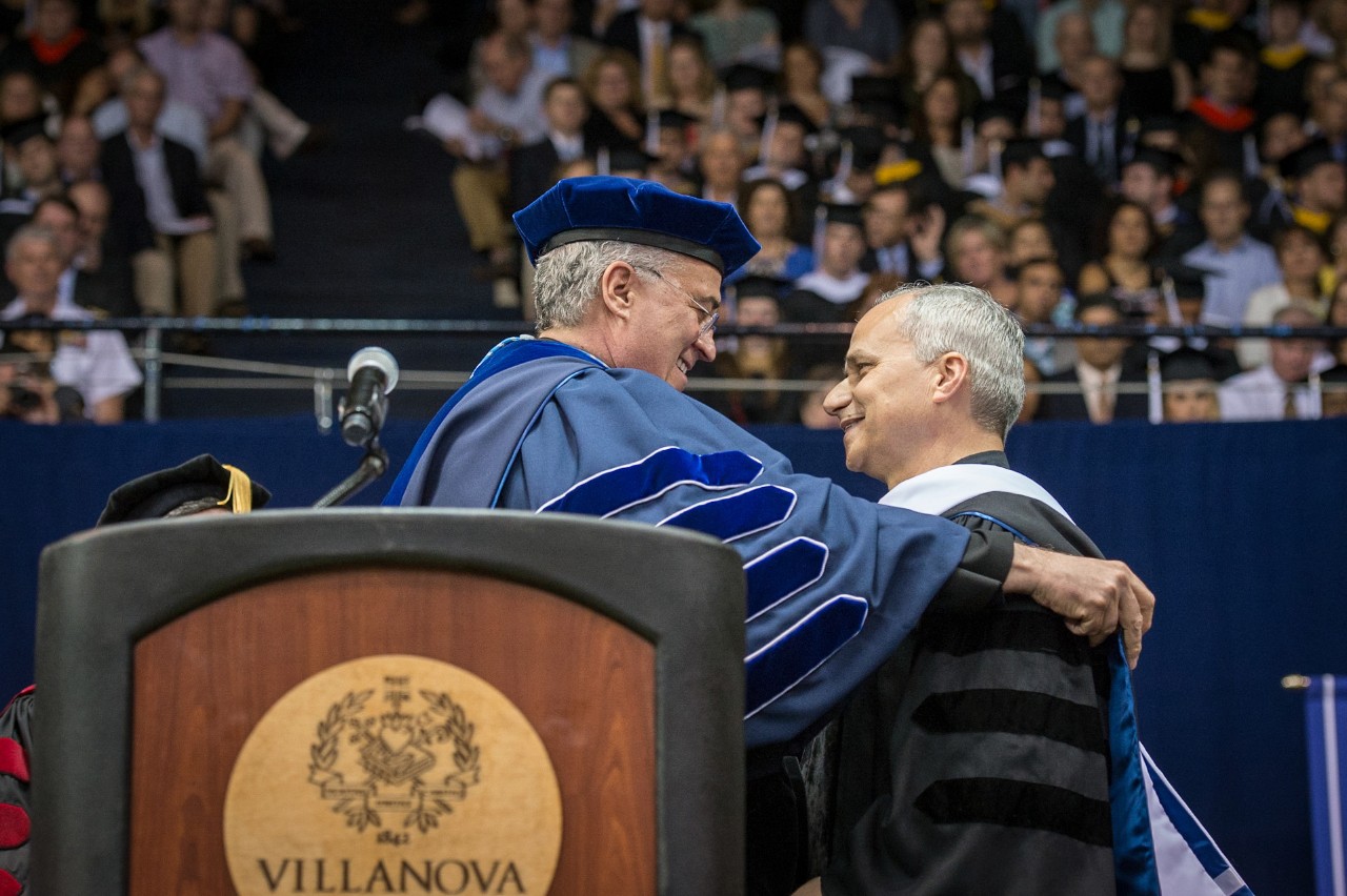 Villanova University President the Rev. Peter M. Donohue embraces Robert Prevost—now Pope Leo XIV—after awarding him an honorary Doctor of Humanities, honoris causa, in 2014.