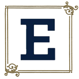 Image of the letter E in a script font with gold filigree surrounding it