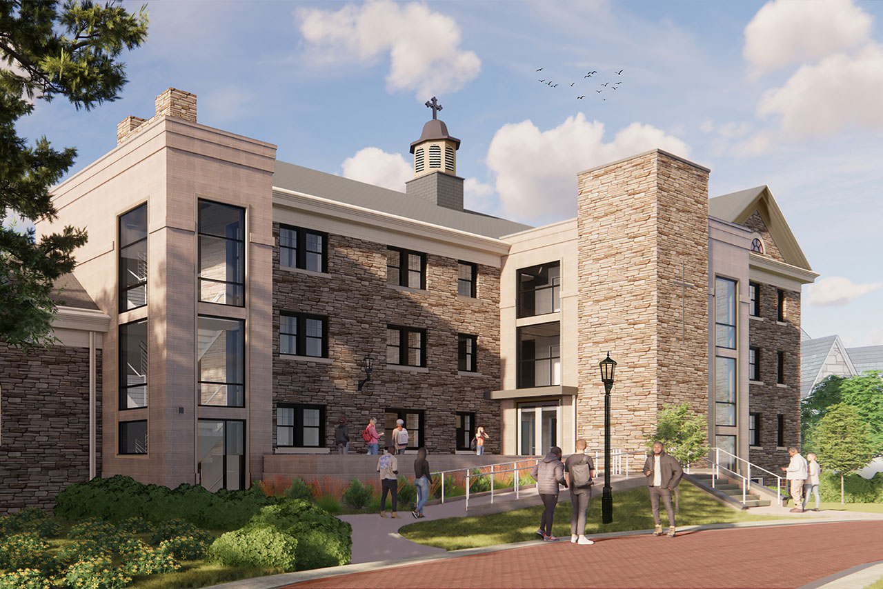 an exterior architectural rendering of the renovated St. Rita's Hall 