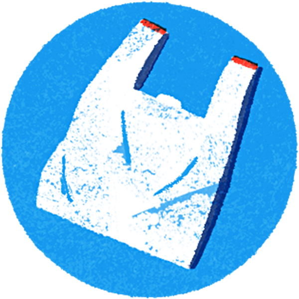 Illustration of a plastic grocery bag on a blue background.