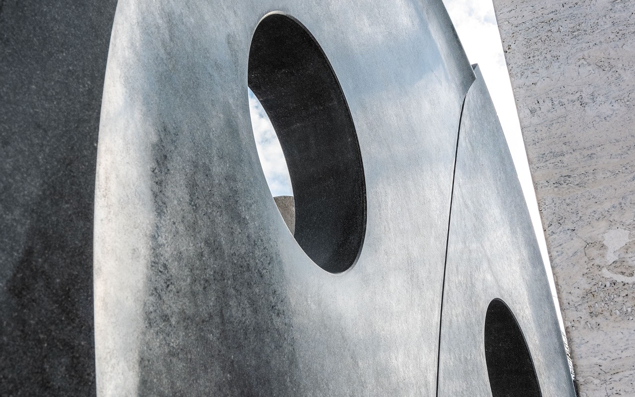 black and white close-up of the Awakening (aka Oreo) sculpture